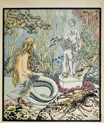 A Pequena Sereia diante de uma estátua no mar, ilustração para um conto de Hans Christian Andersen (1805-75), de «Album du Pere Castor», publicado pela Flammarion, 1937